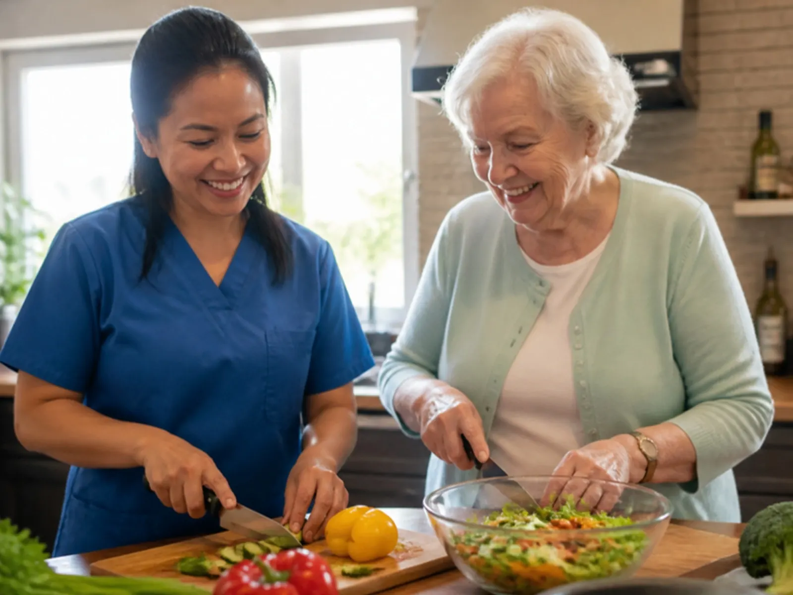 Caregiver and senior woman preparing a healthy meal together — meal preparation and nutrition support at home