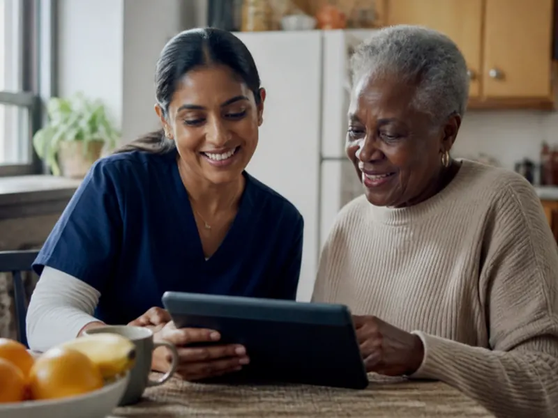 Nurse and client reviewing a home care plan together