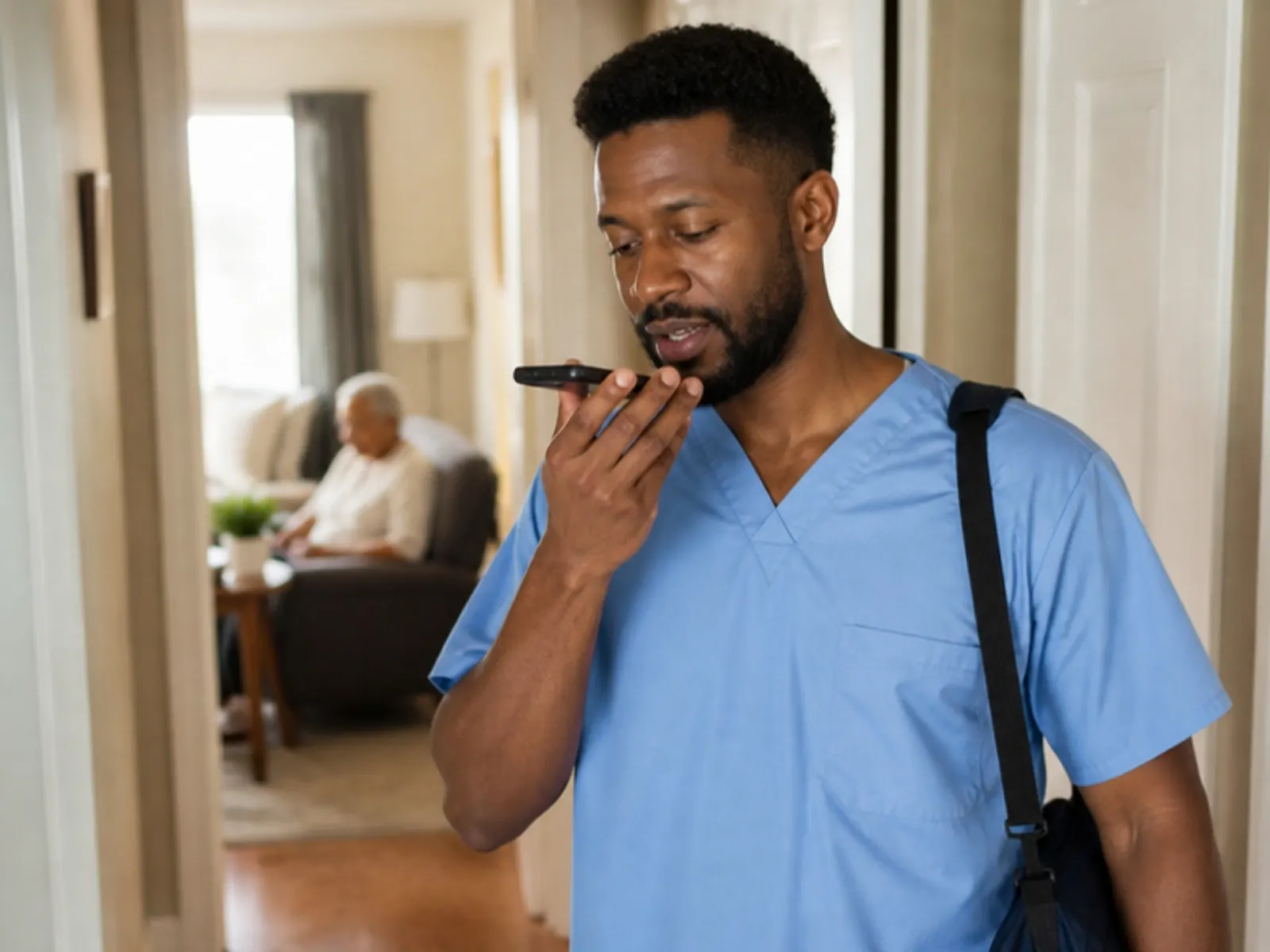 Home care aide recording a visit note by voice on his smartphone after a home visit